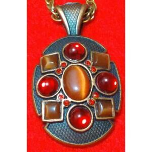 VTG Amulet Necklace Multiple Stones Oval Circles Squares Patina Gold Tone